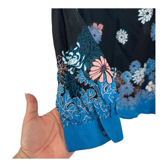 LOFT Women SZ Small Semisheer Floral Black & Blue Long-Sleeve Tunic Top Blouse - Picture 10 of 12